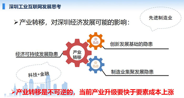 產(chǎn)業(yè)轉(zhuǎn)移，對(duì)深圳經(jīng)濟(jì)發(fā)展可能的影響：創(chuàng)新發(fā)展基礎(chǔ)的隱患、經(jīng)濟(jì)可持續(xù)發(fā)展隱患、制造業(yè)集聚發(fā)展隱患；產(chǎn)業(yè)轉(zhuǎn)移是不可逆的， 當(dāng)前產(chǎn)業(yè)升級(jí)要快于要素成本上漲