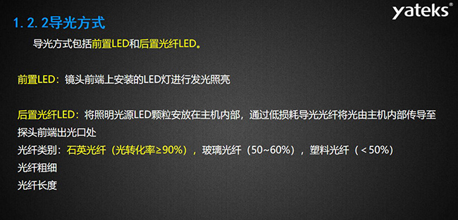 導光方式包括前置LED和后置光纖LED，前置LED：鏡頭前端上安裝的LED燈進行發(fā)光照亮，后置光纖LED：將照明光源LED顆粒安放在主機內部， 通過低損耗導光光纖將光由主機內部傳導至探頭前端出光口處
