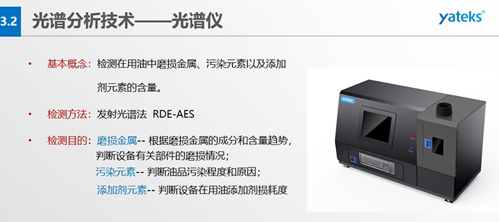 基本概念：檢測在用油中磨損金屬、污染元素以及添加劑元素的含量。檢測方法：發射光譜法  RDE-AES 檢測目的：磨損金屬 -- 根據磨損金屬的成分和含量趨勢， 判斷設備有關部件的磨損情況；  污染元素 -- 判斷油品污染程度和原因； 添加劑元素 -- 判斷設備在用油添加劑損耗度